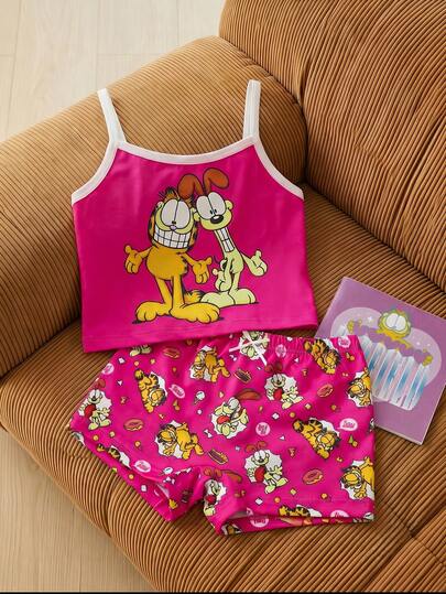 GARFIELD | SHEIN 卡通印花吊带背心和短裤，适合年轻女孩的休闲日常穿搭