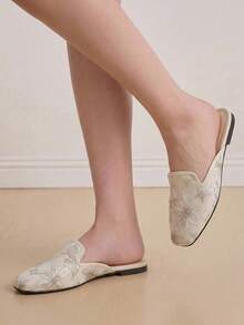 Women's Floral Embroidered Square Toe Flat Elegant Mesh Beige Mules, Daily Wedding Spring Shoes Bride Shoes Wedding Shoes Summer Shoes - Beige - View 3