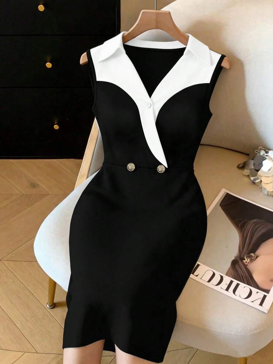 GlowEve CURVE Vestido ajustado sin mangas de color block elegante y cómodo para el verano, talla grande - Blanco y Negro - Ver 1