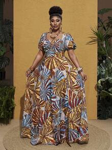 Maweii Plus Size Women's Spring/Summer Puff Sleeve Sweetheart Neck Long Slit Dress, Suitable For Beach Party, Travel Photography, Fresh Resort Style Fashion - Multicolor - View 3
