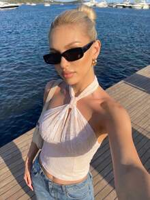 Opuloom 女款時尚性感辣妹彈性蕾絲掛脖無袖鏤空扭結針織背心，適合派對、約會、聚會、返校，時尚優雅女性日常休閒穿搭、通勤上班及各種場合 - 淺粉色 - 查看 3