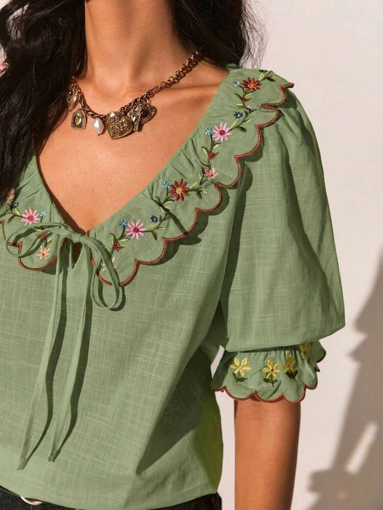 Poéselle Women's Floral Embroidery Front Tie Ruffle Hem Blouse - Green - View 1