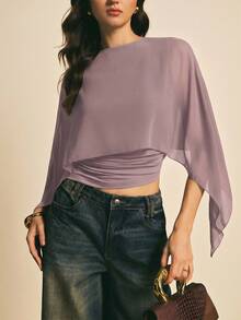 Poéselle Women's Solid Color Pleated Casual Versatile Daily Wear Top,Summer Top - Dusty Purple - View 3