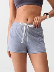 Loungeista 2pcs Women's Solid Color Knit Drawstring Casual Shorts, Comfortable For Home & Sleep, Suitable For Spring, Summer, Autumnfor Summer - Multicolor - View 1
