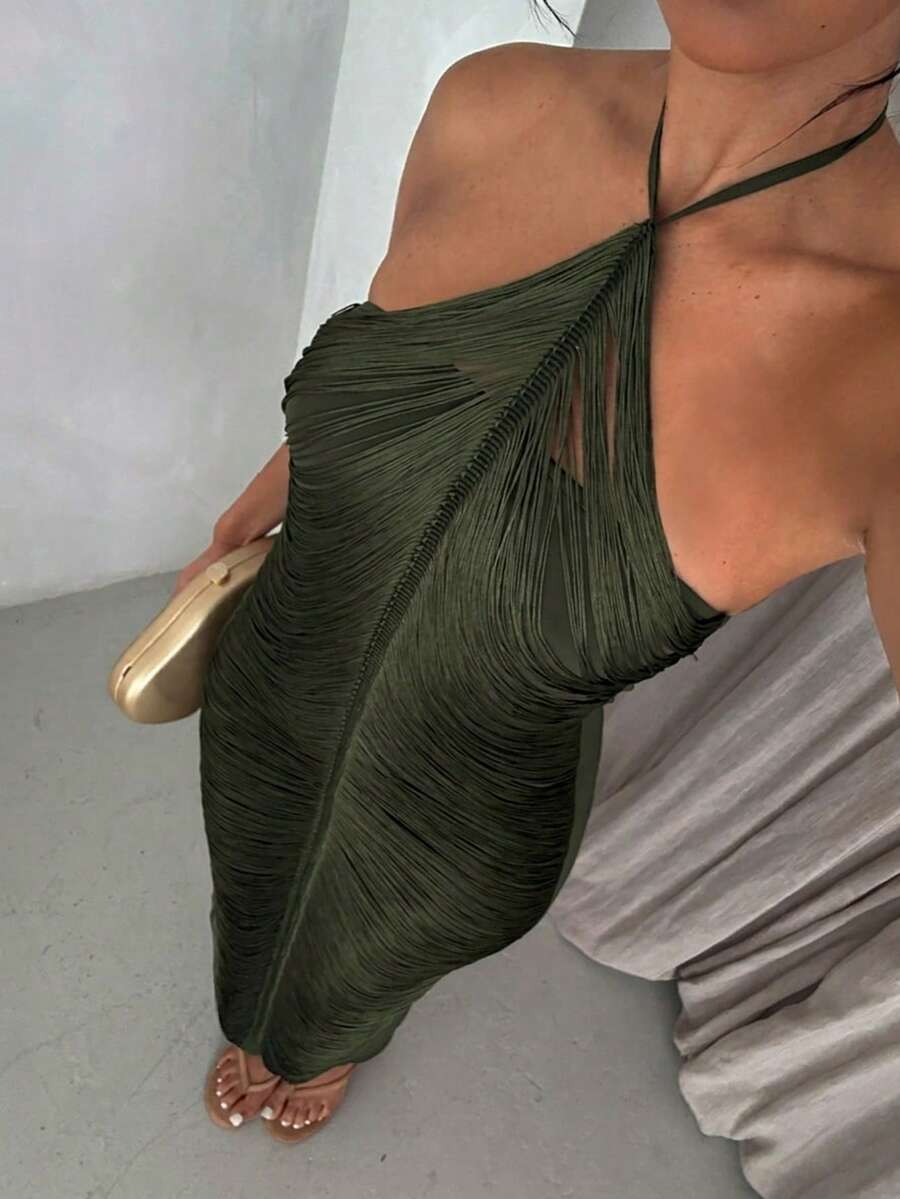 SHEIN Allurite 女士长裙，适合春夏穿着，春季穿搭，夏季度假穿搭，狂欢节服装，复活节和圣帕特里克节服装，海滩度假穿搭，Y2K风格绿色流苏宽松连衣裙 - 綠色 - 查看 1