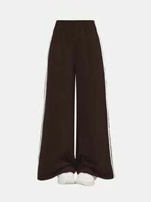 Pantalones sueltos a rayas marrones y blancas para niñas preadolescentes, de moda y versátiles para primavera/verano - Marrón - Ver 4