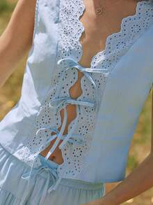WESTFADE Áo ôm dáng, chất liệu 100% cotton và có khuy cài, thắt nơ phía trước. - Màu xanh lam - Xem 6