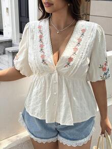 GalTyme Áo kiểu cỡ lớn thêu hoa cổ chữ V sâu - Nhiều màu - Xem 6