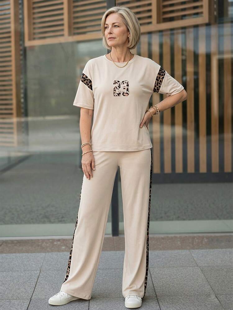 Middle-Aged & Elderly Women's Leopard Print Patchwork Round Neck Short Sleeve T-Shirt And Pants Set