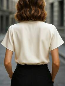 SHEIN 2026 Women's Asymmetrical Button-Down Short Sleeve Blouse,Elegant Beige Summer Office Wear With Gold Buttons,Turn-Down Collar Shirt Business Casual - White - View 2