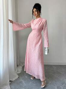 Modelyn Đầm midi nữ thanh lịch, chất liệu vải có họa tiết, tay loe, thắt eo, thích hợp cho mùa xuân/thu. - Hồng - Xem 6