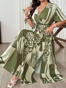 SHEIN LUNE 交叉绑带V领短袖宽松开衩优雅大码女式度假连衣裙 - 彩色 - 查看 9