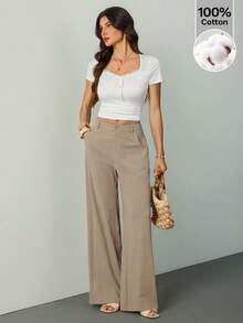SHEIN Tall 100% Washed Cotton Low Waist Straight Pants, Tall Women - Camel - View 5
