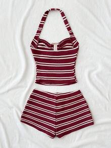 SHEIN 少女休闲红白条纹吊带上衣和短裤两件套，适合春夏海滩穿着 - 酒紅色 - 查看 2