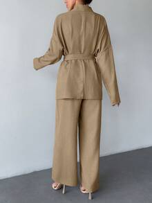 SHEIN Cottnline بيزتان بتفاصيل الحزام ، مجموعات مريحة ، سهلة الارتداء في المنزل والخارج - لون مشمشي - مشاهدة 2