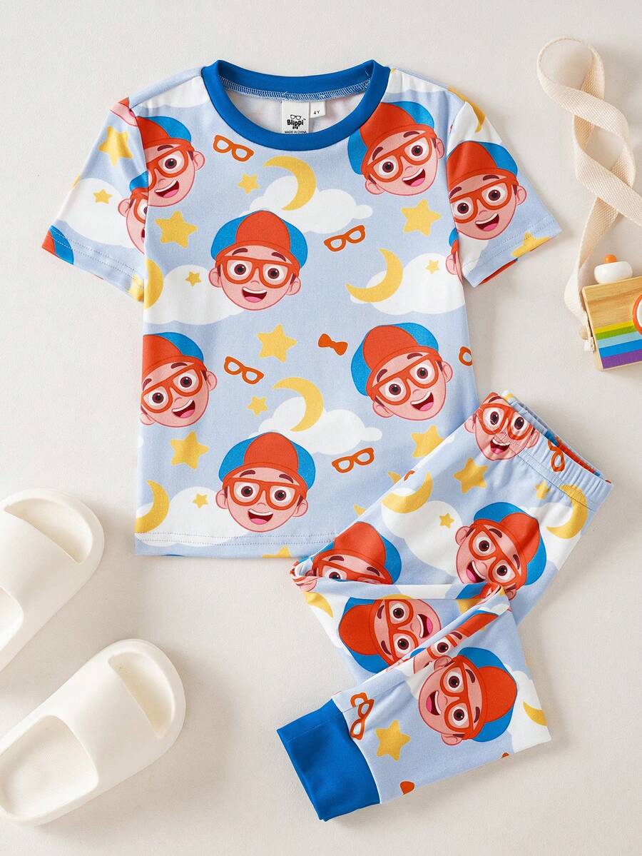 Blippi X SHEIN Young Boy Comfortable Cartoon Print Short Sleeve T-Shirt And Pants Pajama Set, Summer - Multicolor - View 1