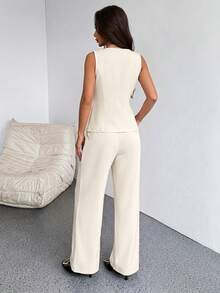 SHEIN PETITE 女款優雅辦公通勤兩件套，無袖單排扣背心與寬腿褲，米白色夏季休閒丹寧質感套裝，修身顯瘦，適合嬌小女性 - 杏色 - 查看 2