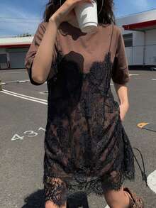 MSDAZY Vestido de verano de 2 en 1 con mangas cortas y parches de encaje para mujerMS2-15 OAVI - Cafetería - Ver 3