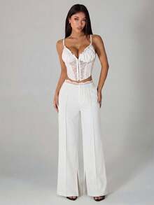 SHEIN PETITE Quần ống rộng màu đen ren xuyên thấu dành cho nữ, quần tây công sở lịch sự, thích hợp cho mùa xuân và mùa hè. - trắng - Xem 7