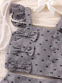 Elladie kids Bộ đồ bé gái (nhỏ) gồm áo croptop hai dây bèo nhún và chân váy xếp ly thắt nơ, trang phục mùa hè ngọt ngào và dễ thương dành cho các bé gái thanh lịch. - Xám - Xem 6
