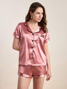 Hourtrue 撞色滚边缎面睡衣套装/家居服套装，秋冬服装 - 西瓜粉 - 查看 5