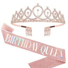 Set de 2 piezas Faja de Reina de Oro Rosa y Dorado y Plateado & Tiara con Rhinestones - Conjunto de Faja Brillante y Tiara Brillante para Niñas de Cumpleaños - Multicolor - Ver 8