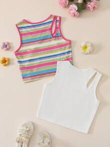 Bộ 2 áo tank top crop ôm dáng, họa tiết hoa 3D thêu nổi bật, khoét lỗ, dành cho bé gái, màu trắng và đỏ hồng. - Nhiều màu - Xem 2
