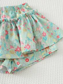 Cozy Pixies Young Girl Cute Ribbed Print Tank Top And Printed Casual Shorts Set, Suitable For Vacation, Spring/Summer - Green - View 6