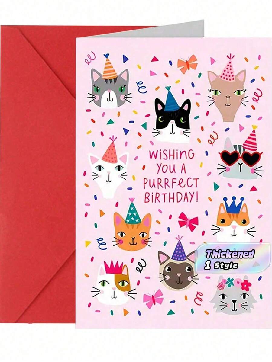 1pc Cute Cat Design Birthday Greeting Card, Suitable For Cat Lovers To Send To Family, Partner, Friends, And Colleagues (Random Envelope Color Included) Back To School,Back To School,School Supplies - pink - View 1