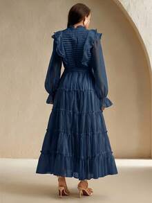 Anewsta Elaire Vestido elegante con volantes de encaje floral en el bajo, adecuado para otoño, invierno, primavera, Año Nuevo, fiesta, boda, elegante, con estilo, formal, trabajo, Acción de Gracias, graduación, Navidad, festival - Azul Marino - Ver 2