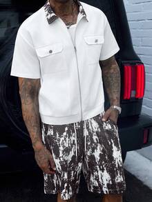 SLATEMANN 成熟、休闲、百搭的男士印花衬衫套装，适合通勤穿着 - 白色 - 查看 7