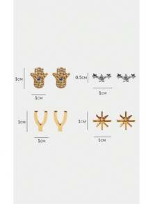 Noxbound Cross-Border New Retro Feeling Diamond-Encrusted Palm, Rose, Crescent Moon, Horseshoe And Other Stud Earrings Combination, Simple, Small And Exquisite, Suitable For All Kinds Of Parties, Concerts, Festivals,BOHEMIAN/Modern/Chic,Layered/Gemstone/Beaded/Crystals,Summer/Beach/Prom/Part/Vacation/Travel,For Mom/Women/Girl/Mother,Daily Wear/Work Day,Gold - Multicolor - View 10