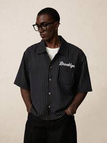 STYNVO Men's Summer Casual Striped Letter Embroidery Front Button Short Sleeve Shirt - Black - View 2