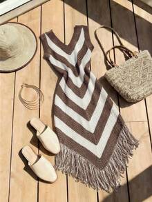 SHEIN Holidaya Đầm nữ mùa hè mới, gợi cảm, ôm sát, phối màu kim cương, cao cấp, thanh lịch kiểu Pháp cổ điển, trưởng thành, sang trọng, cổ chữ V, không tay, kiểu dáng nghỉ dưỡng Pháp, có tua rua ở gấu váy. - Màu nâu  Mocha - Xem 2