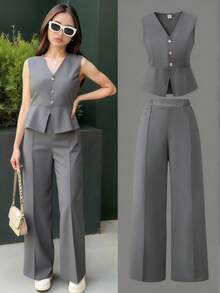 Teen Girl's Spring/Summer Elegant Commute School Formal Open-Front Sleeveless Suit Vest + Loose Straight-Leg Trousers Woven Solid Color Suit - Dark Grey - View 6
