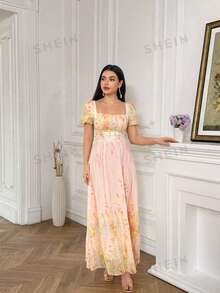 Modelyn Women's Summer Vacation Casual Square Neck Floral Print Long Dress - Yellow - View 4