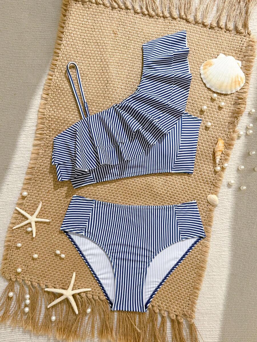 SHEIN Navy Blue & White Striped Ruffled One-Shoulder Tankini Swimwear 2 Pieces Set, Suitable For Teen Girls In Summer - Navy Blue - View 1