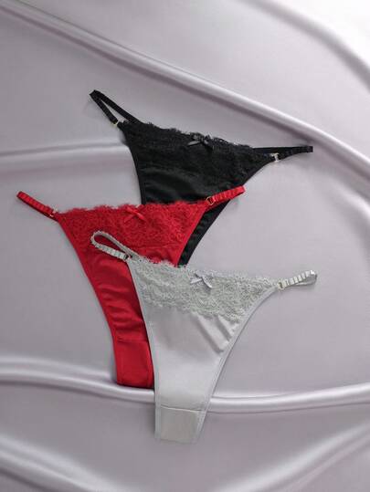 EmpressEnvy 3pcs/Set Plus Size Women Lace & Satin Thong Panties, Multicolor
