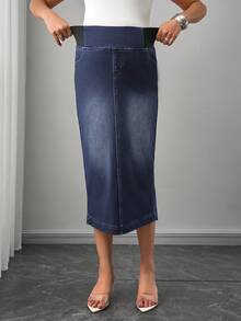 SHEIN Maternity Navy Blue Summer Casual Everyday Women's Four-Way Stretch Denim Skirt,Long Pencil Midi Jean Skirts For Pregnant Women With Pockets - Dark Wash - View 7