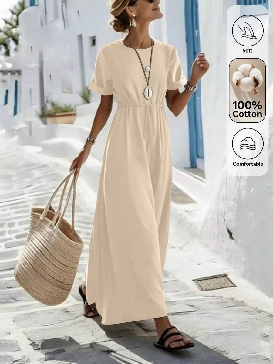 Louniche 2026 Spring And Summer New Arrival - Apricot Cotton Standard-Size Maxi Dress, Ideal For Casual Wear, Outings, Beach Vacations, And Daily Use, Versatile For All Occasions - Khaki - View 1