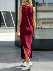 Summer Casual Solid Color Side Slit Sleeveless Dress - Burgundy - View 4