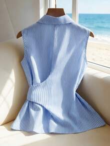 SHEIN Franclia Áo sơ mi nữ mùa hè, cổ bẻ, không tay, cài nút phía trước, thiết kế thắt eo, nền trắng phối vải dệt sọc xanh, dáng rộng thoải mái, đa năng cho mặc hàng ngày, đi làm, đi nghỉ mát. - Màu xanh lam - Xem 2