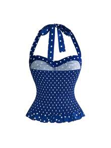ROMWE Avant Women's Romantic Vacation Style Polka Dot & Plaid Backless Halter Neck Camisole Set - Blue - View 8