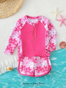 Cozy Pixies 2pcs Baby Girl Loose Long Sleeve Raglan Sweatshirt And Casual Swim Shorts Set, Suitable For Vacation, Beach, Swimming Pool - Pink - View 4