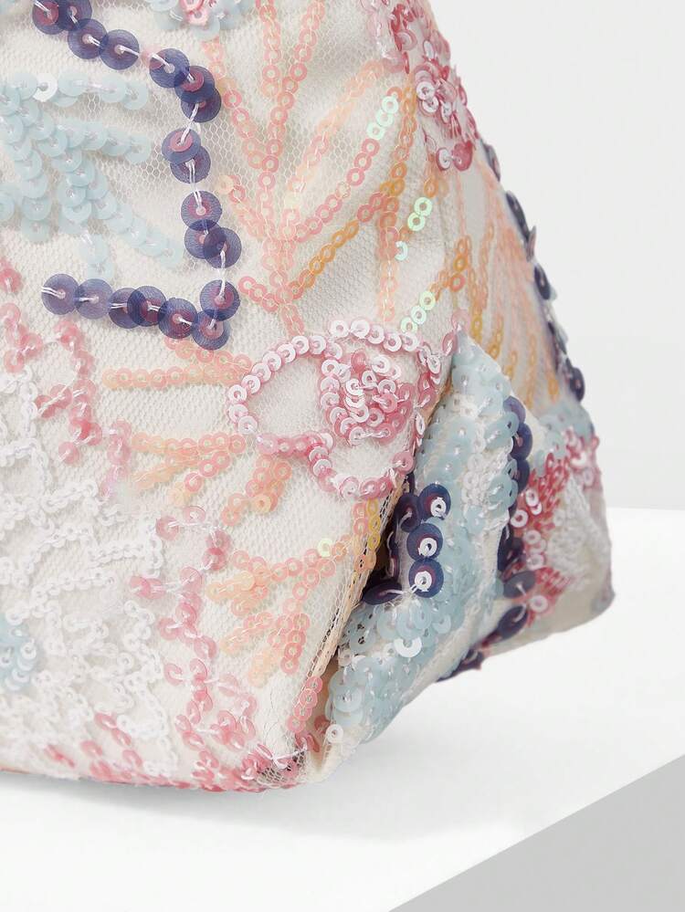 WOMEN'S FASHION WHITE SHOULDER BAG, SEQUIN BAG, FLORAL PATTERN, EMBROIDERY BAG, DINNER OCCASION, PARTY DRESS UP, PROM BAG, PROM ACCESSORIES, WEDDING SUPPLIES, ELEGANT LADIES HANDBAG, WOMEN'S GIFT (RANDOM PATTERN)