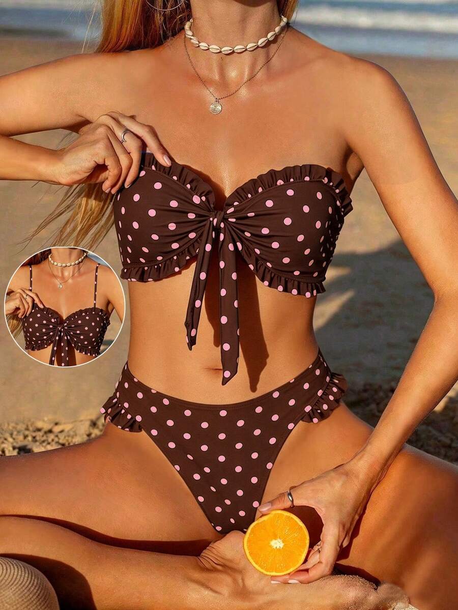 Swim Mod 女士波点花卉印花荷叶边抹胸上衣和高腰泳裤，夏季海滩度假 - 彩色 - 查看 1