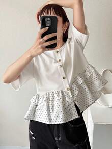 FRIFUL Áo thun nữ kiểu dáng ngọt ngào, dễ thương, phong cách nghỉ mát, họa tiết chấm bi, vạt peplum, thích hợp cho mùa hè. - trắng - Xem 2
