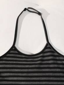 SHEIN 2pcs/Set Girls' Casual Adjustable Spaghetti Strap Top And Shorts Set,Classic Black Gray Striped Outfit For Spring/Summer,School,Daily Wear,Work - Grey - View 3