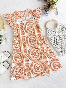 SHEIN Đầm đi nghỉ mát dáng rộng, thoải mái, họa tiết hoa nhí, xếp tầng, tay ngắn bồng bềnh, dệt kim, phối nhiều lớp, dành cho bé gái và thiếu nữ. Trang phục ton sur ton cho mẹ và bé. - trái cam - Xem 3