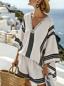 Balvessa Women's 2026 Spring/Summer New Placement Print Striped Loose Blouse And Shorts 2 Pieces Set - Apricot - View 1